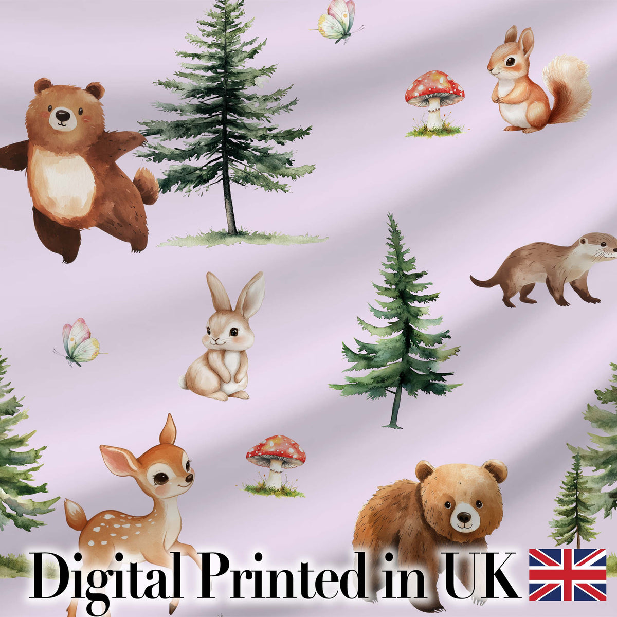 Bear Bunny Deer Squirrel Trees Mushrooms Butterfly Soft Lilac Seamless Pattern Digital Print Fabric by the Metre UK Sewing Quilting Textile