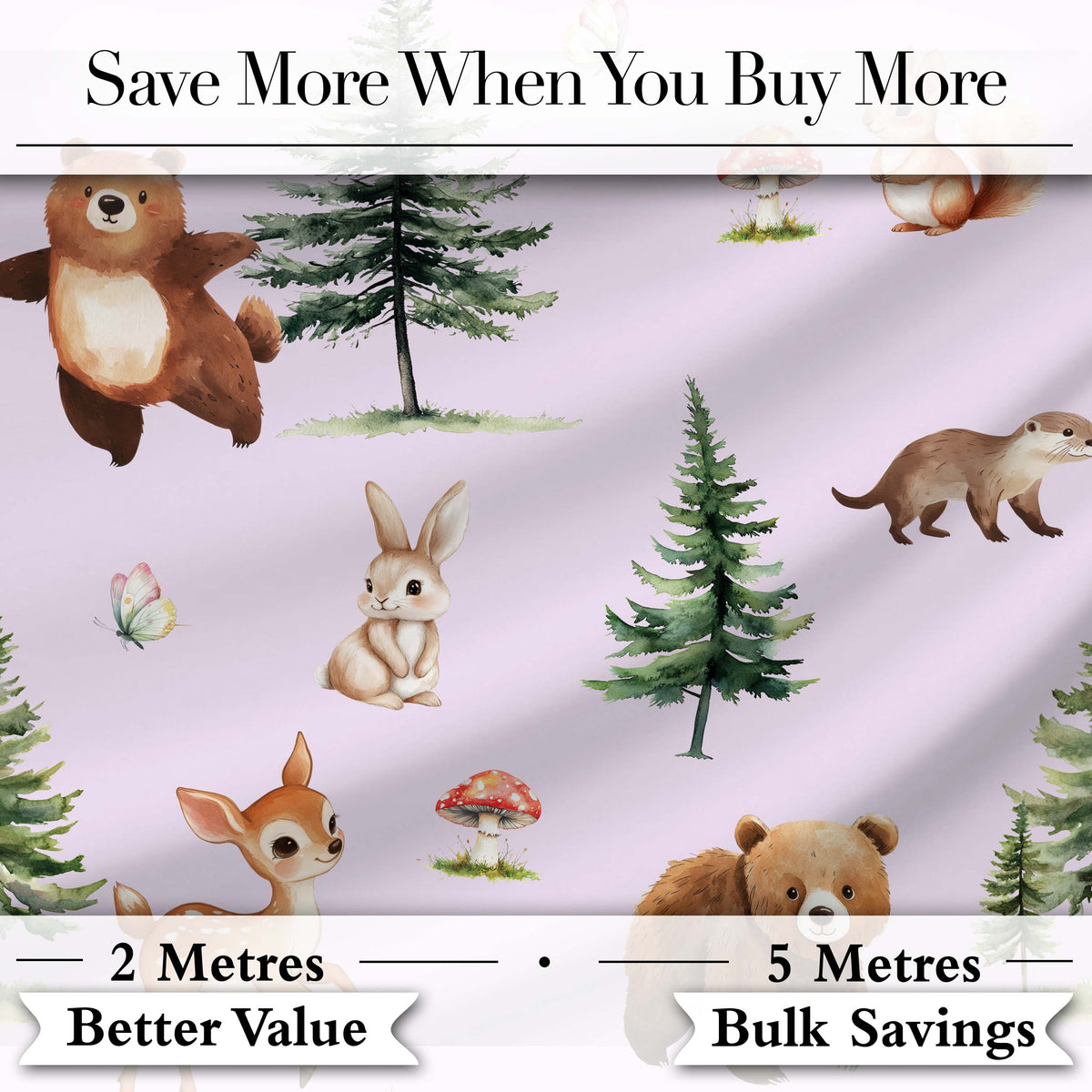 Bear Bunny Deer Squirrel Trees Mushrooms Butterfly Soft Lilac Seamless Pattern Digital Print Fabric by the Metre UK Sewing Quilting Textile