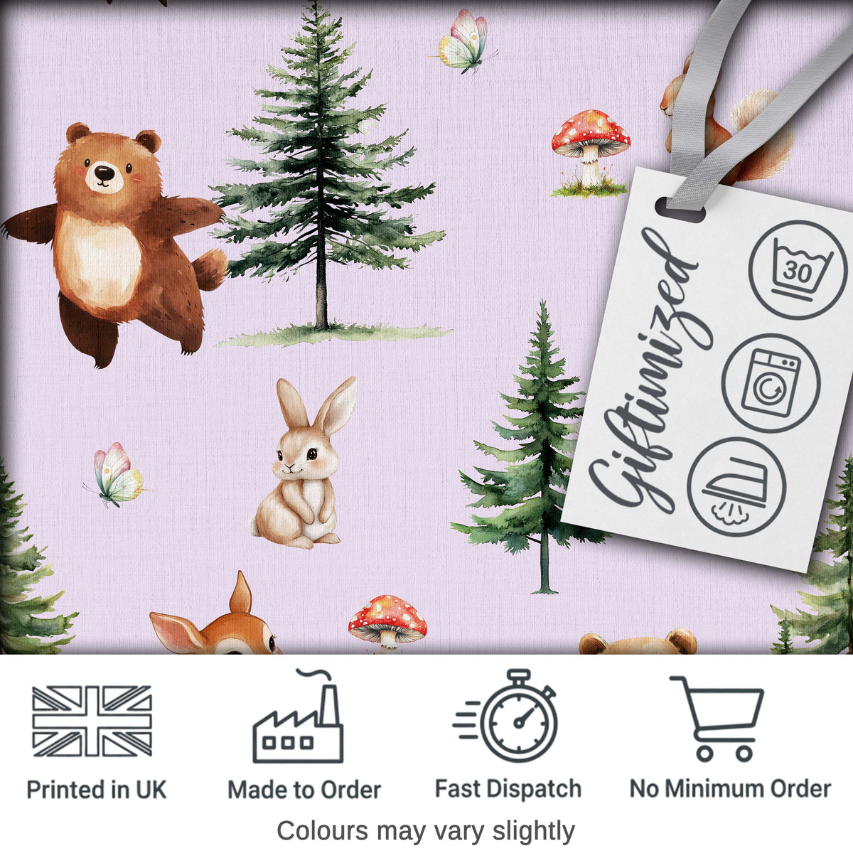 Bear Bunny Deer Squirrel Trees Mushrooms Butterfly Soft Lilac Seamless Pattern Digital Print Fabric by the Metre UK Sewing Quilting Textile
