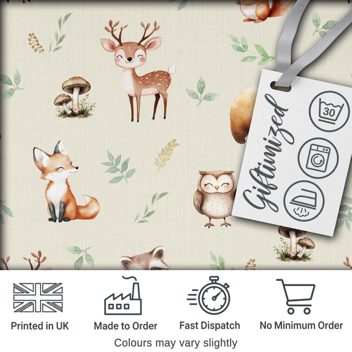 Woodland Deer Bear Fox Owl Raccoon Leaves Mushrooms Cream Seamless Pattern Digital Print Fabric by the Metre UK Sewing Quilting Textile