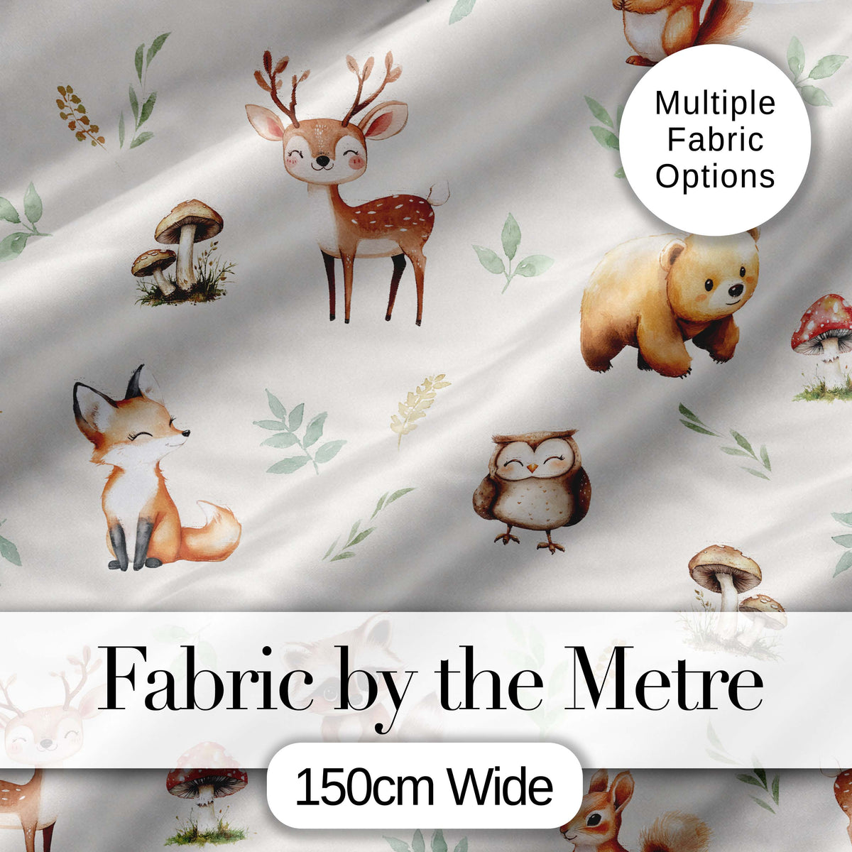 Woodland Deer Bear Fox Owl Raccoon Leaves Mushrooms Light Grey Seamless Pattern Digital Print Fabric by the Metre UK Sewing Quilting Textile