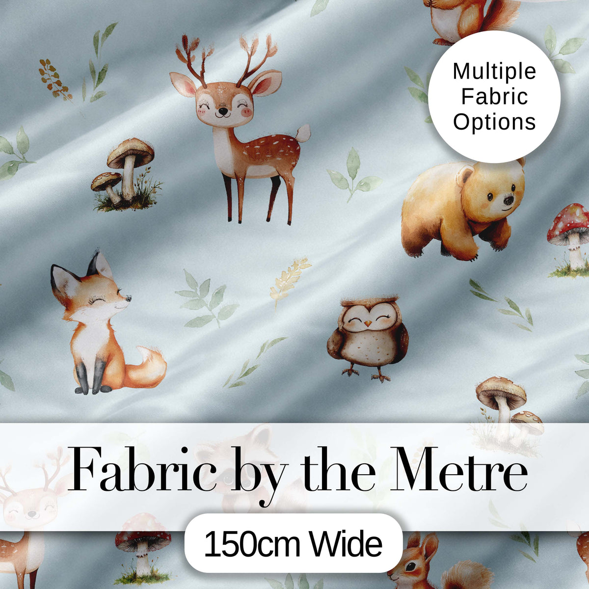 Woodland Deer Bear Fox Owl Raccoon Leaves Mushrooms Blue Seamless Pattern Digital Print Fabric by the Metre UK Sewing Quilting Textile