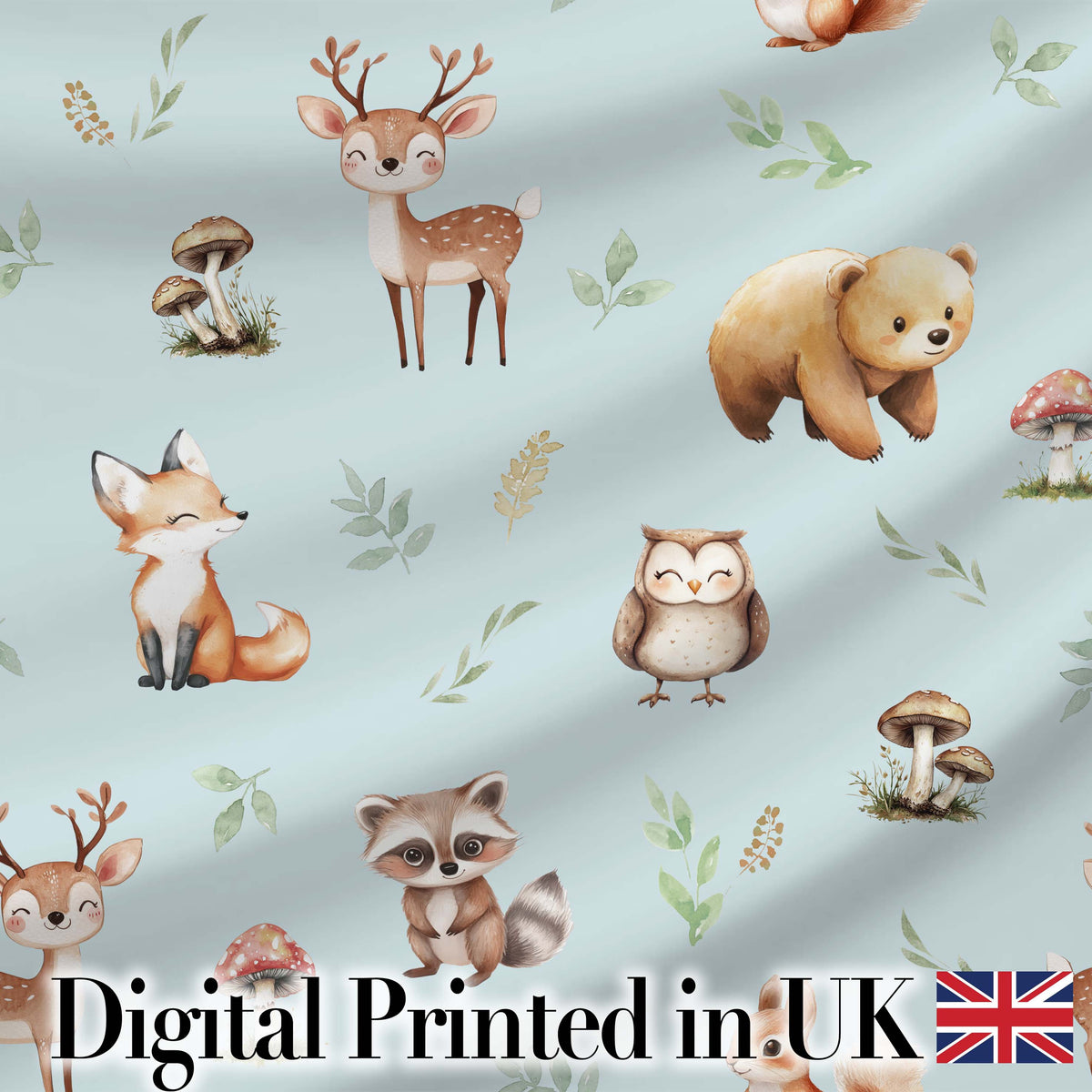 Woodland Deer Bear Fox Owl Raccoon Leaves Mushrooms Blue Seamless Pattern Digital Print Fabric by the Metre UK Sewing Quilting Textile