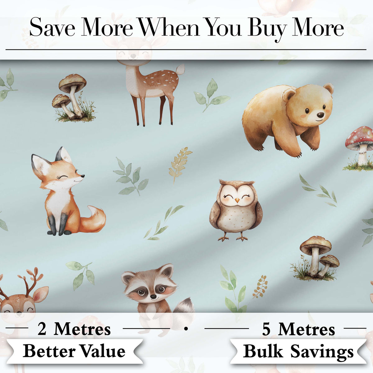 Woodland Deer Bear Fox Owl Raccoon Leaves Mushrooms Blue Seamless Pattern Digital Print Fabric by the Metre UK Sewing Quilting Textile