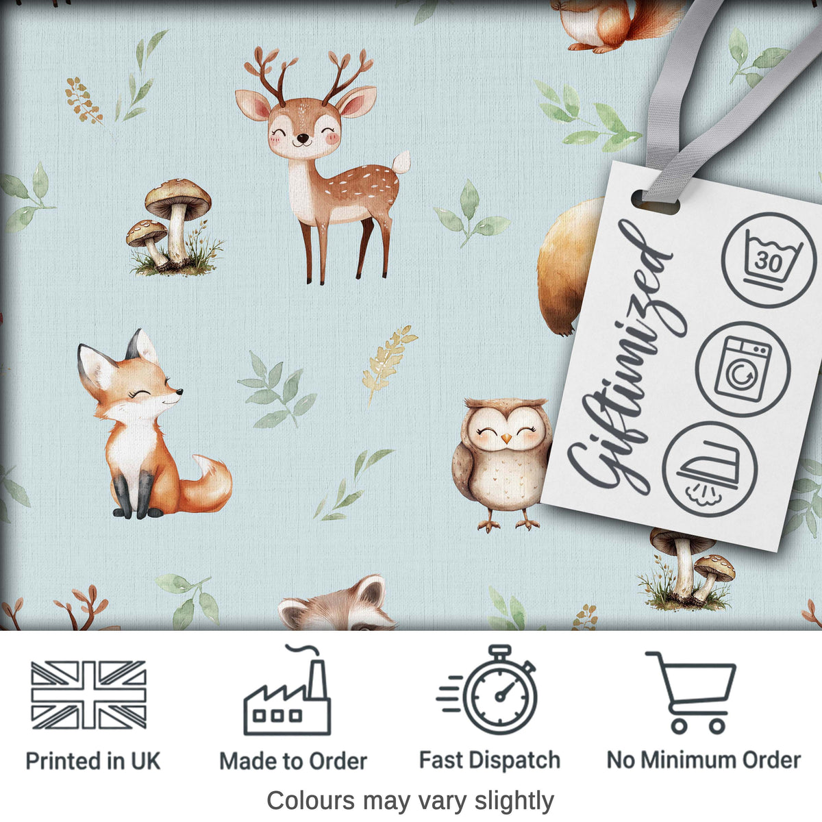 Woodland Deer Bear Fox Owl Raccoon Leaves Mushrooms Blue Seamless Pattern Digital Print Fabric by the Metre UK Sewing Quilting Textile