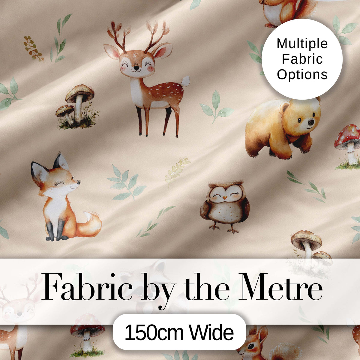 Woodland Deer Bear Fox Owl Raccoon Leaves Mushrooms Beige Seamless Pattern Digital Print Fabric by the Metre UK Sewing Quilting Textile