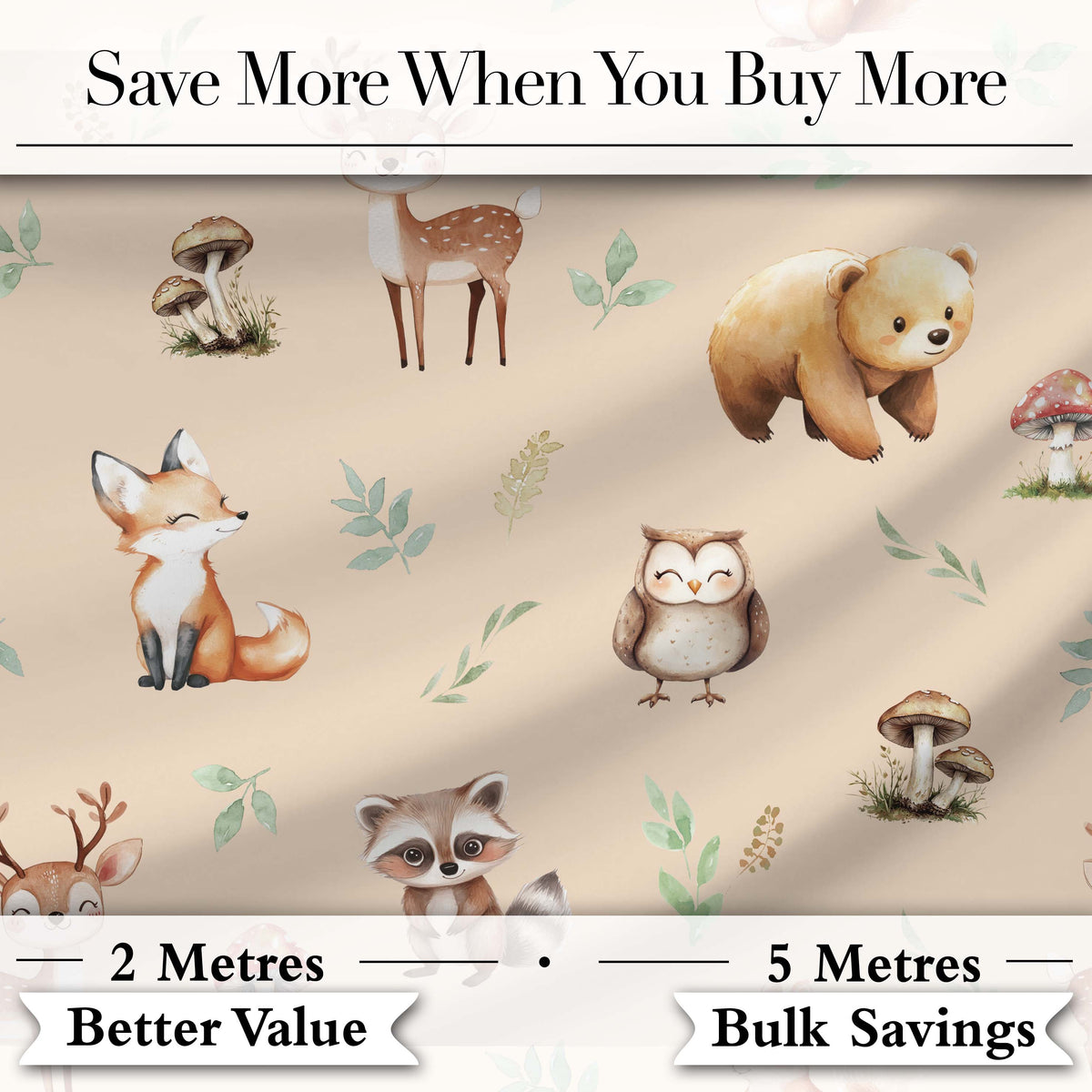 Woodland Deer Bear Fox Owl Raccoon Leaves Mushrooms Beige Seamless Pattern Digital Print Fabric by the Metre UK Sewing Quilting Textile