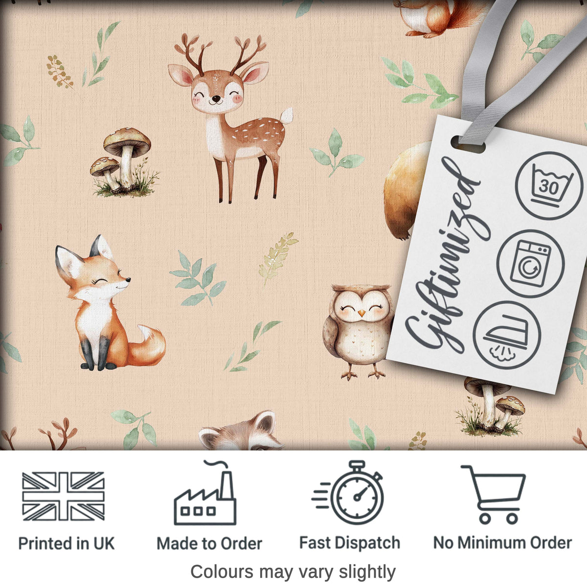 Woodland Deer Bear Fox Owl Raccoon Leaves Mushrooms Beige Seamless Pattern Digital Print Fabric by the Metre UK Sewing Quilting Textile