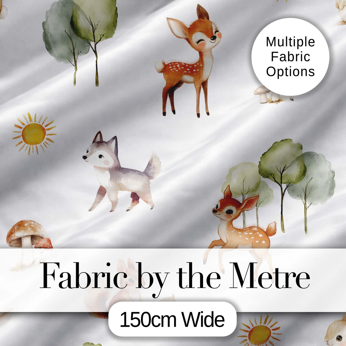 Woodland Deer Fox Trees Mushrooms Sun Animals White Seamless Pattern Digital Print Fabric by the Metre UK Sewing Quilting Textile