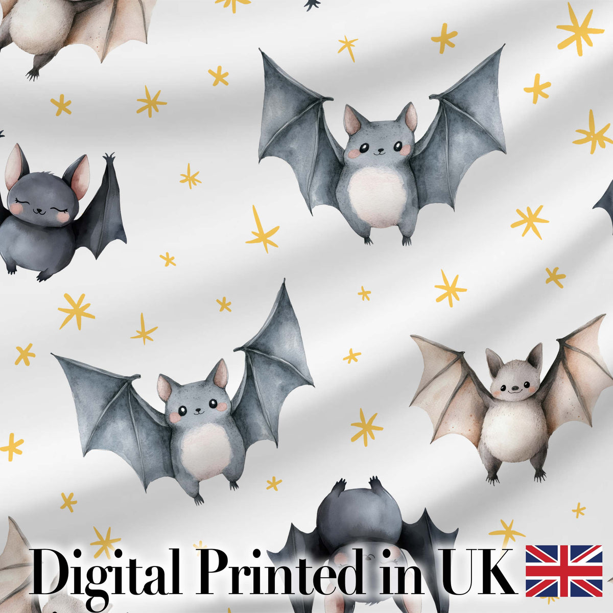 Cute Halloween Bats Flying Yellow Stars Night Sky Seamless Pattern Digital Print Fabric by the Metre UK Sewing Quilting Textile