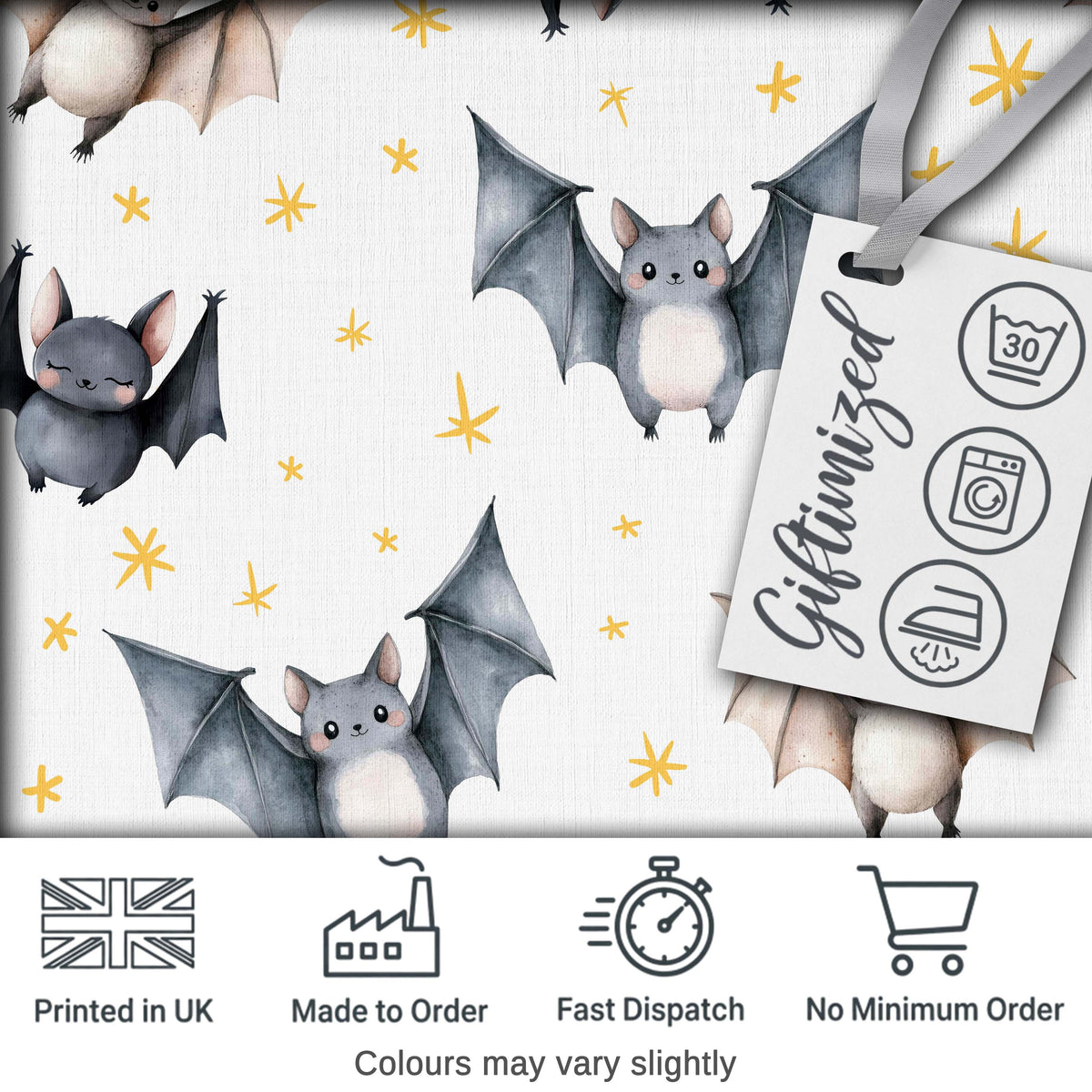 Cute Halloween Bats Flying Yellow Stars Night Sky Seamless Pattern Digital Print Fabric by the Metre UK Sewing Quilting Textile