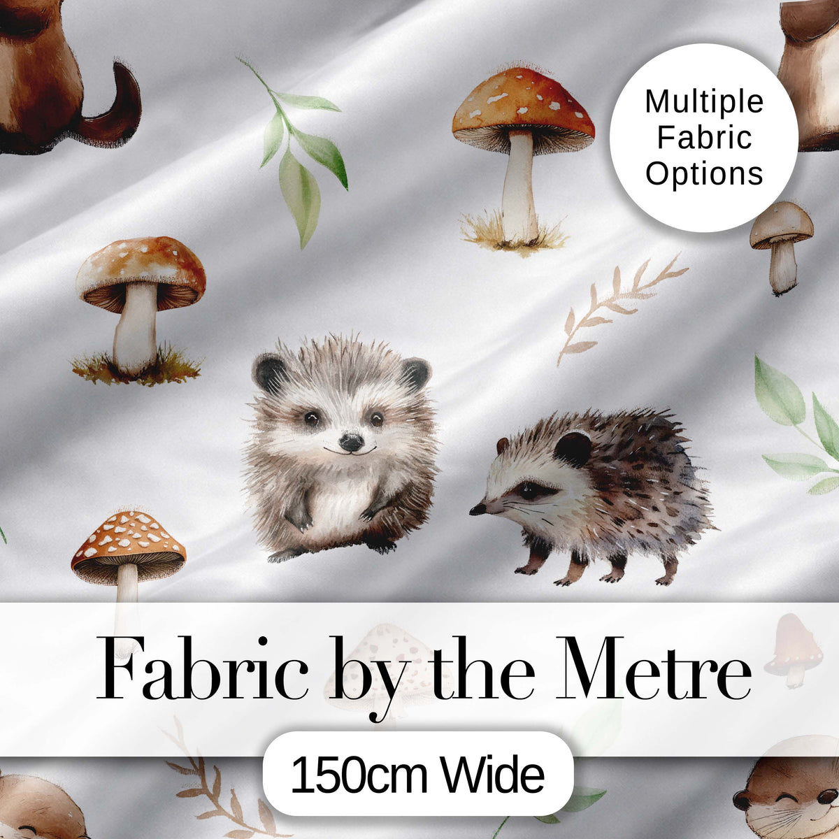 Cute Hedgehog Woodland Mushrooms Leaves Forest Seamless Pattern Digital Print Fabric by the Metre UK Sewing Quilting Textile