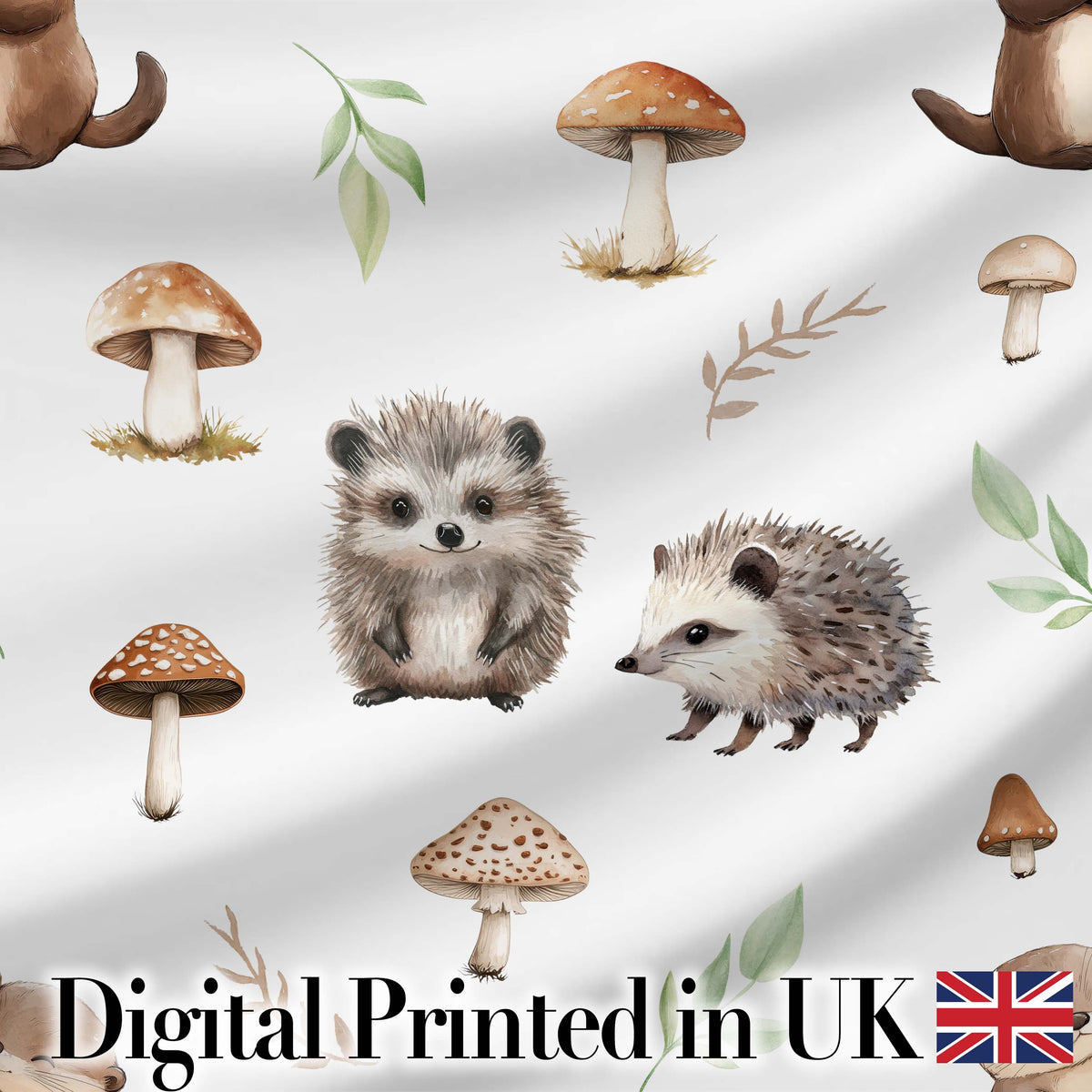Cute Hedgehog Woodland Mushrooms Leaves Forest Seamless Pattern Digital Print Fabric by the Metre UK Sewing Quilting Textile