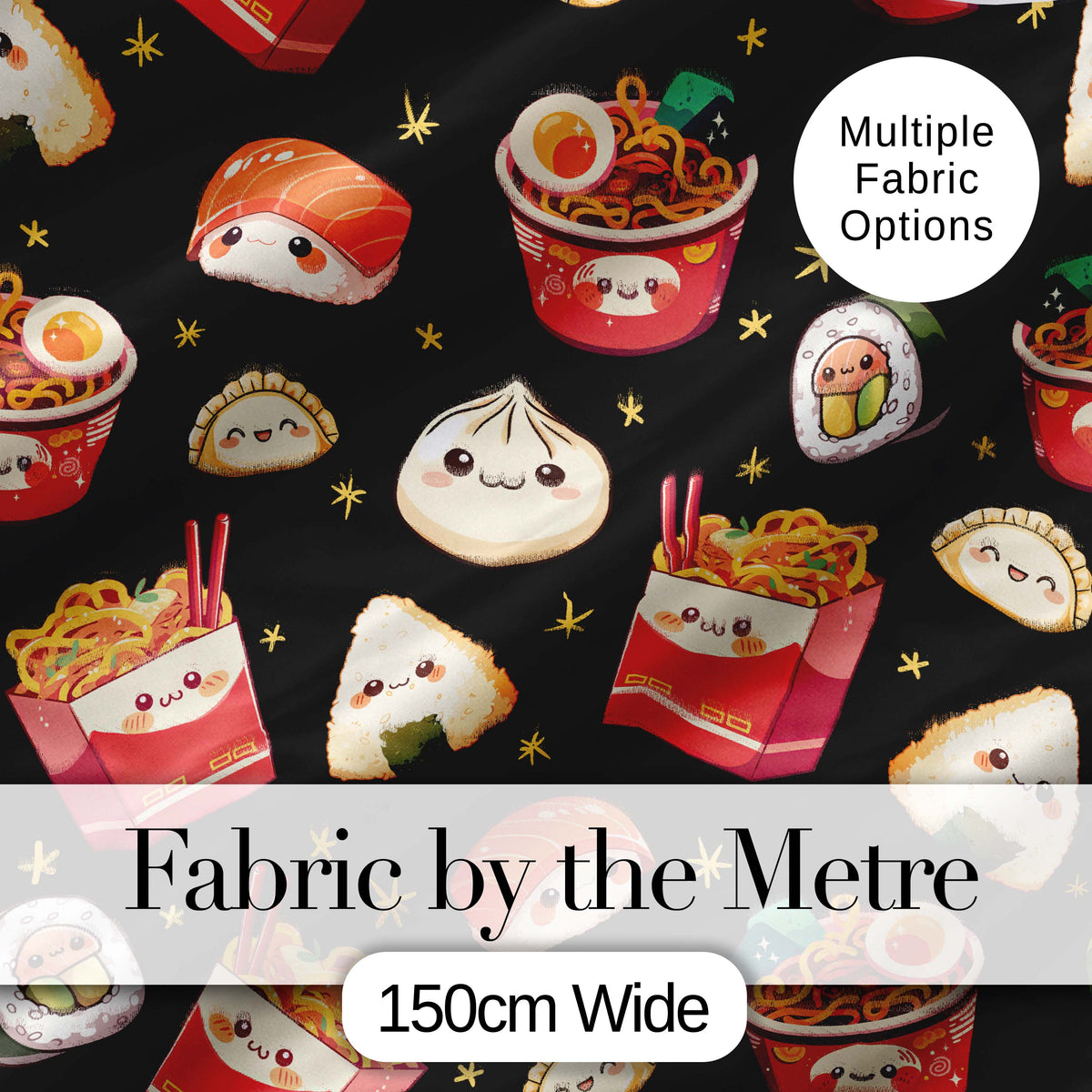 Cute Kawaii Sushi Ramen Dumpling Food Black Background Seamless Pattern Digital Print Fabric by the Metre UK Sewing Quilting Textile