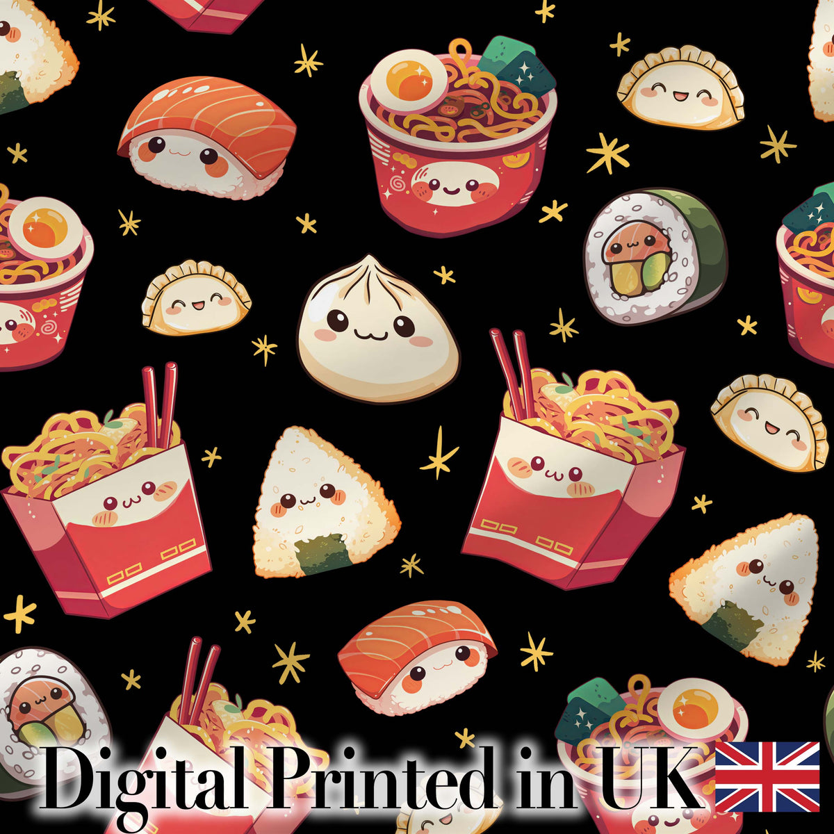 Cute Kawaii Sushi Ramen Dumpling Food Black Background Seamless Pattern Digital Print Fabric by the Metre UK Sewing Quilting Textile
