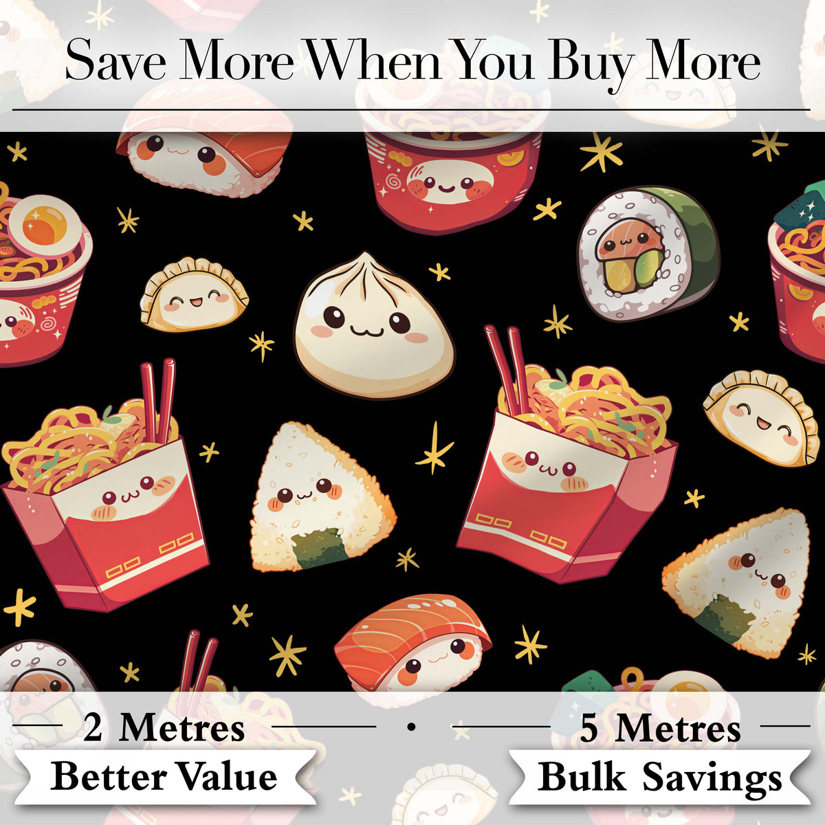 Cute Kawaii Sushi Ramen Dumpling Food Black Background Seamless Pattern Digital Print Fabric by the Metre UK Sewing Quilting Textile