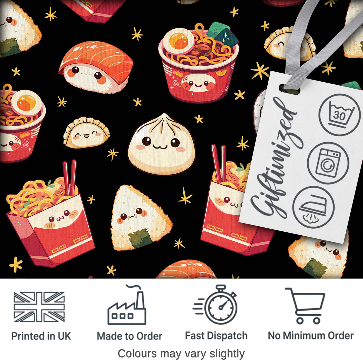 Cute Kawaii Sushi Ramen Dumpling Food Black Background Seamless Pattern Digital Print Fabric by the Metre UK Sewing Quilting Textile