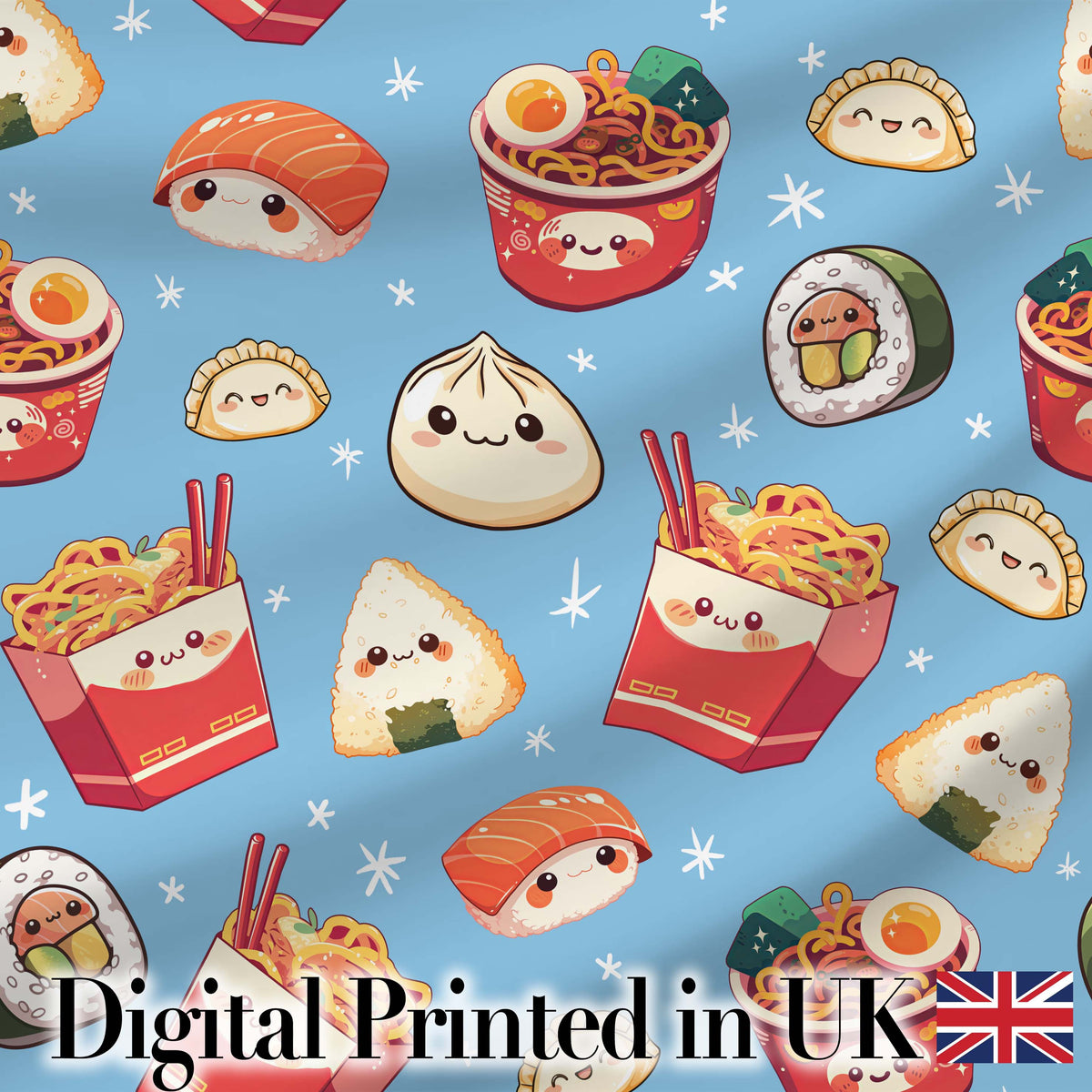 Cute Kawaii Sushi Ramen Dumpling Food Blue Background Seamless Pattern Digital Print Fabric by the Metre UK Sewing Quilting Textile
