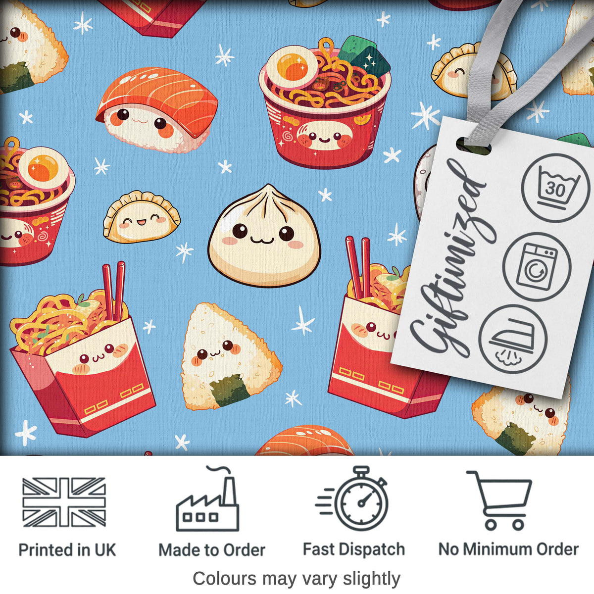 Cute Kawaii Sushi Ramen Dumpling Food Blue Background Seamless Pattern Digital Print Fabric by the Metre UK Sewing Quilting Textile