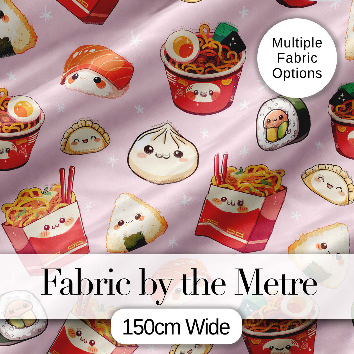 Cute Kawaii Sushi Ramen Dumpling Food Pink Background Seamless Pattern Digital Print Fabric by the Metre UK Sewing Quilting Textile