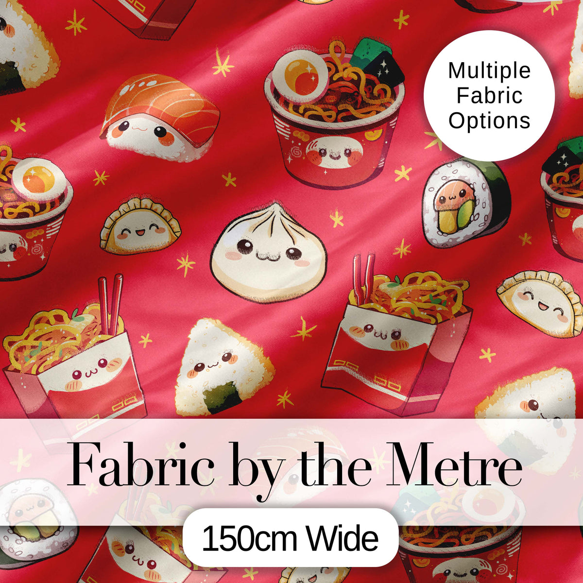 Cute Kawaii Sushi Ramen Dumpling Food Red Background Seamless Pattern Digital Print Fabric by the Metre UK Sewing Quilting Textile