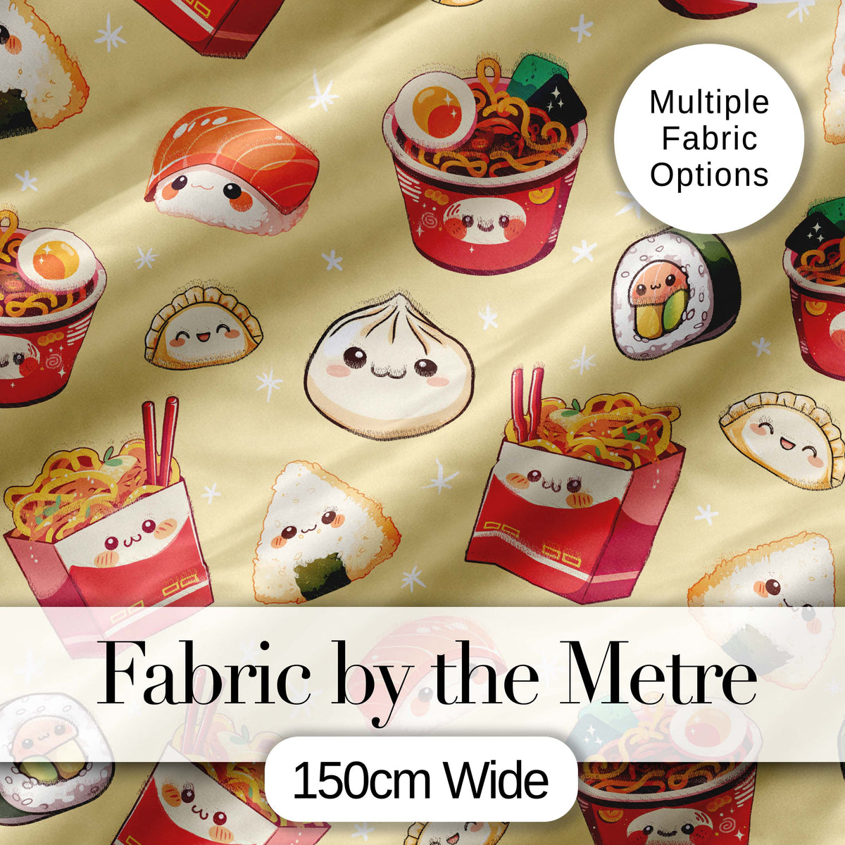 Cute Kawaii Sushi Ramen Dumpling Food Yellow Background Seamless Pattern Digital Print Fabric by the Metre UK Sewing Quilting Textile