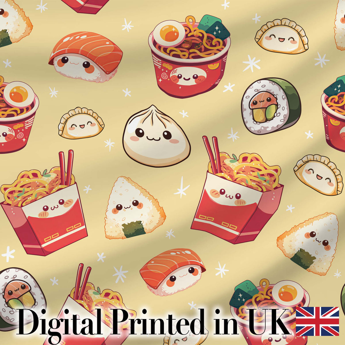 Cute Kawaii Sushi Ramen Dumpling Food Yellow Background Seamless Pattern Digital Print Fabric by the Metre UK Sewing Quilting Textile