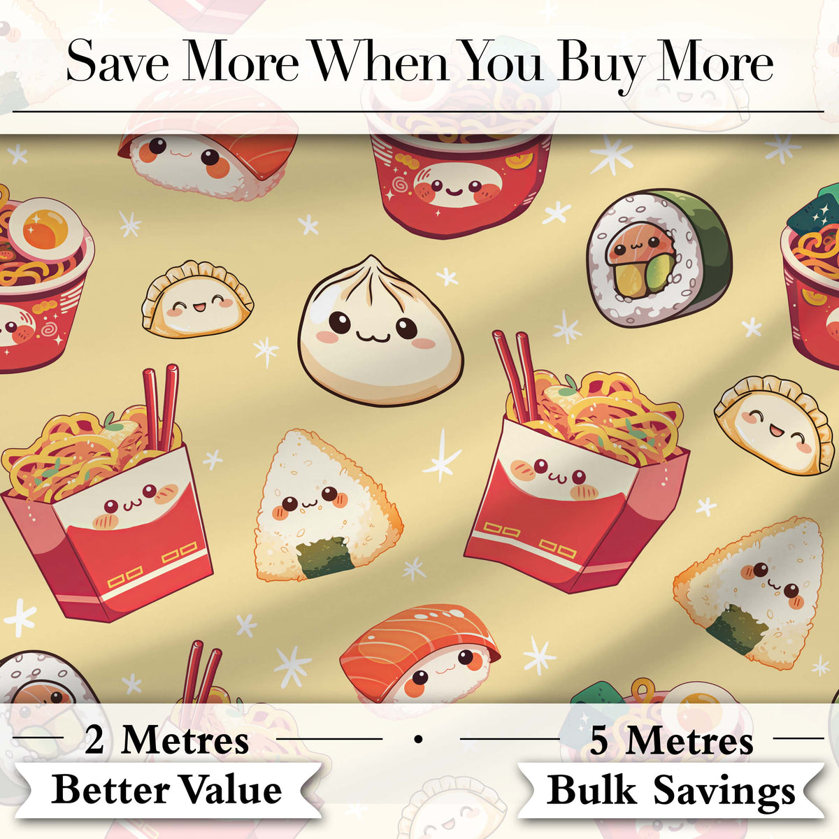 Cute Kawaii Sushi Ramen Dumpling Food Yellow Background Seamless Pattern Digital Print Fabric by the Metre UK Sewing Quilting Textile
