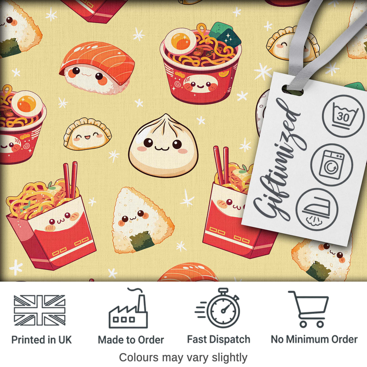 Cute Kawaii Sushi Ramen Dumpling Food Yellow Background Seamless Pattern Digital Print Fabric by the Metre UK Sewing Quilting Textile