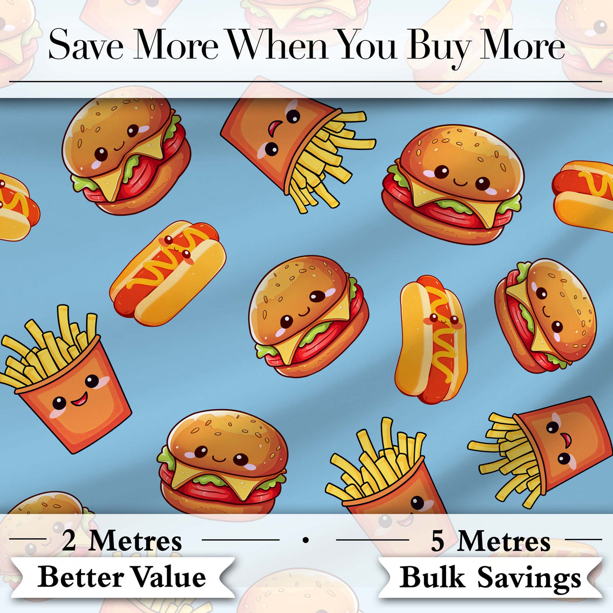 Cute Kawaii Burger Fries Hotdog Fast Food Blue Background Seamless Pattern Digital Print Fabric by the Metre UK Sewing Quilting Textile