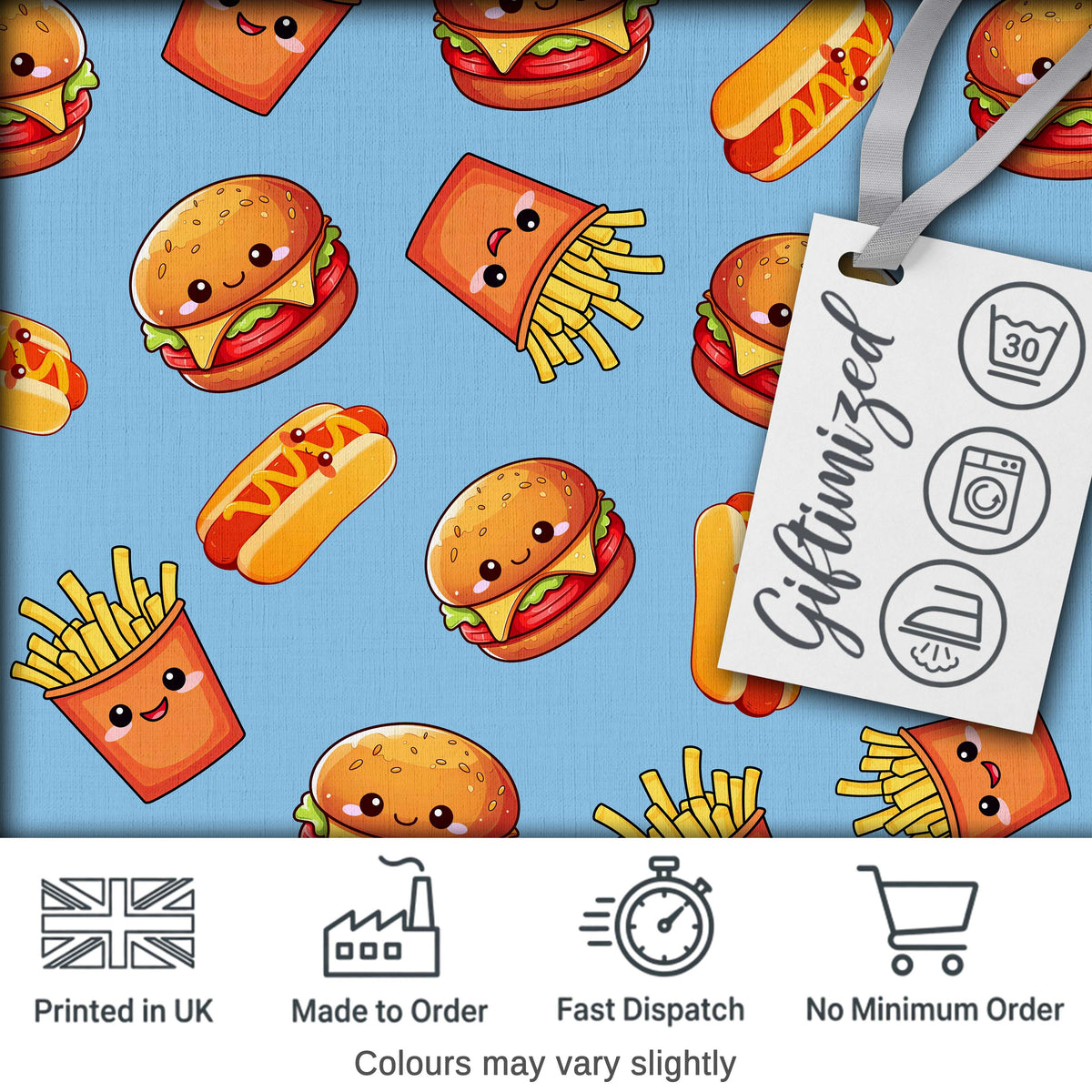 Cute Kawaii Burger Fries Hotdog Fast Food Blue Background Seamless Pattern Digital Print Fabric by the Metre UK Sewing Quilting Textile