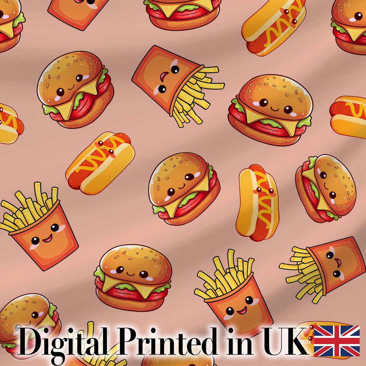 Cute Kawaii Burger Fries Hotdog Fast Food Beige Background Seamless Pattern Digital Print Fabric by the Metre UK Sewing Quilting Textile