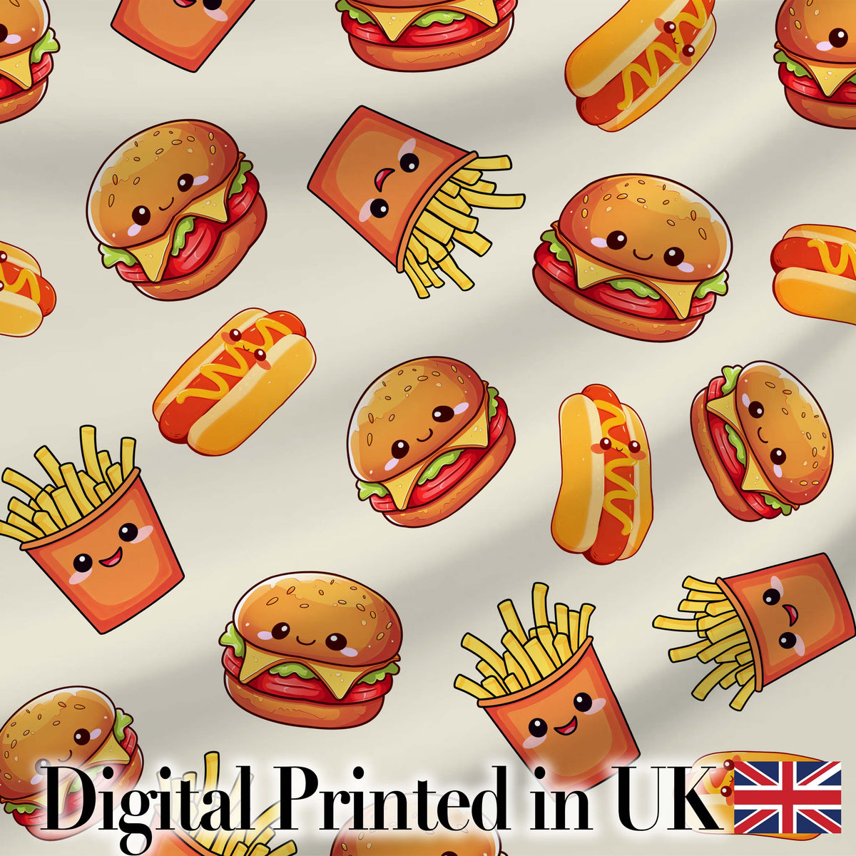 Kawaii Burger Fries Hotdog Fast Food Light Cream Seamless Pattern Digital Print Fabric by the Metre UK Sewing Quilting Textile