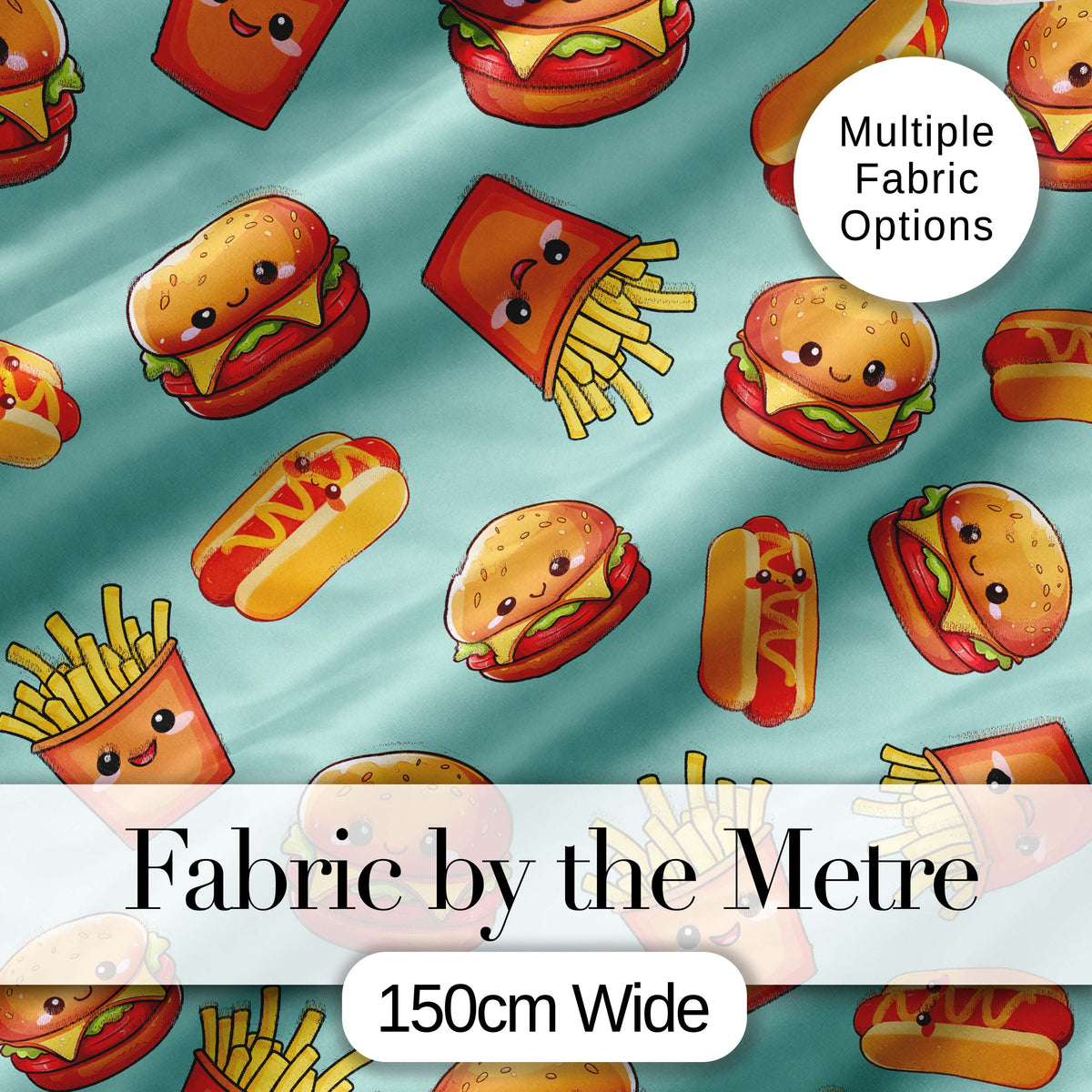Kawaii Burger Fries Hotdog Fast Food Mint Green Seamless Pattern Digital Print Fabric by the Metre UK Sewing Quilting Textile