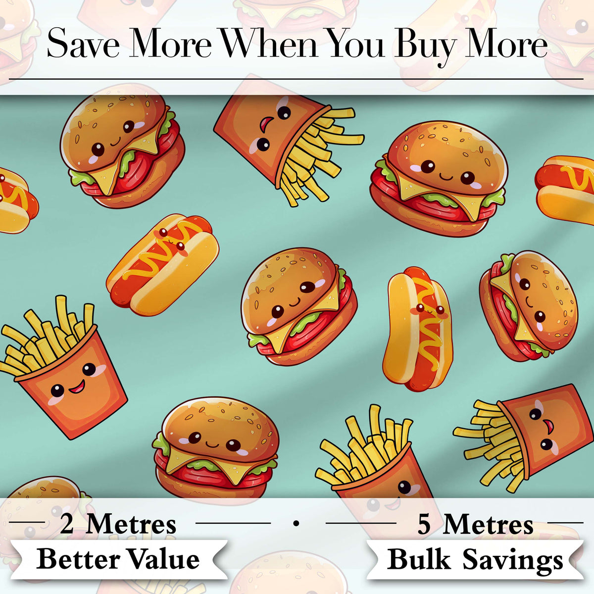 Kawaii Burger Fries Hotdog Fast Food Mint Green Seamless Pattern Digital Print Fabric by the Metre UK Sewing Quilting Textile