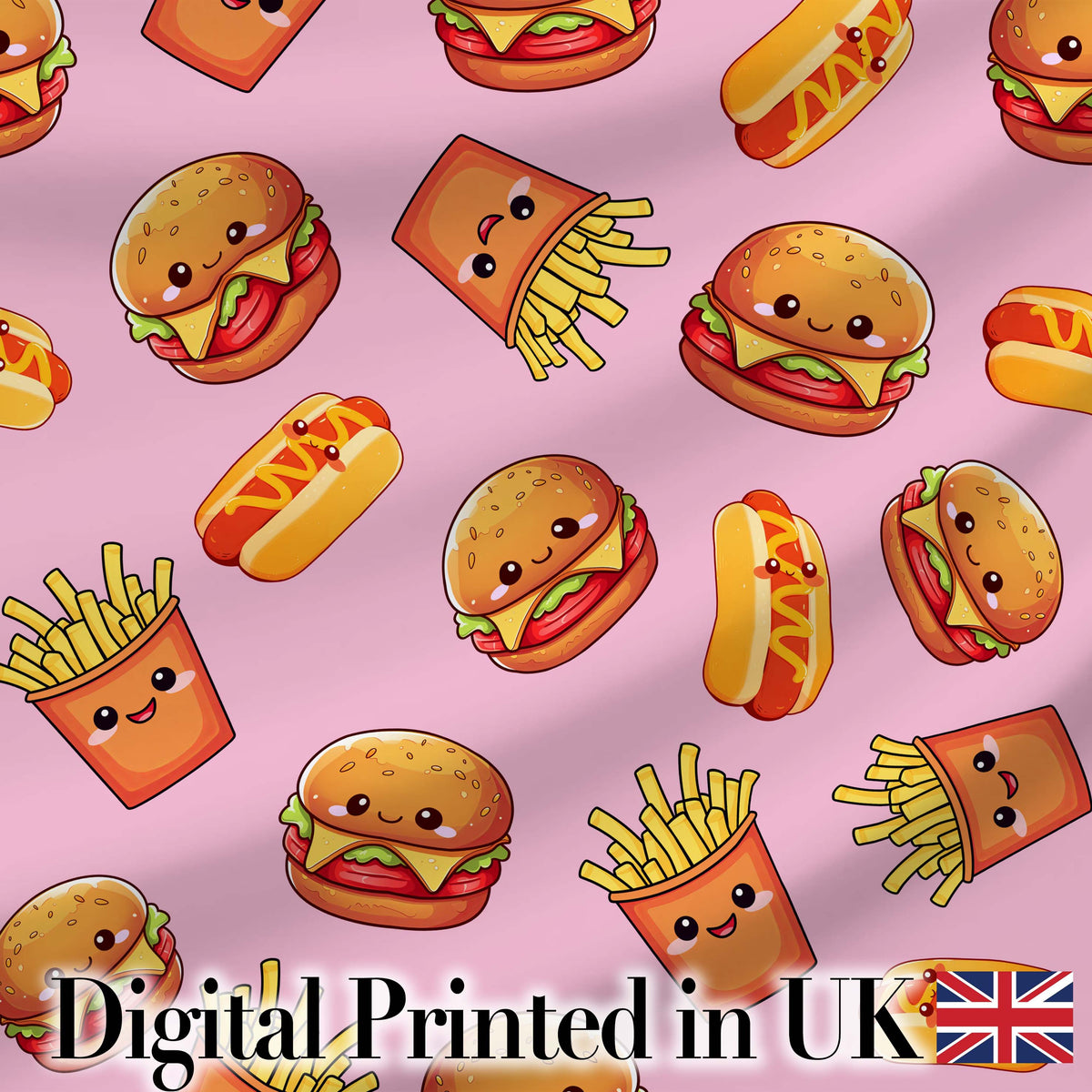 Kawaii Burger Fries Hotdog Fast Food Blush Pink Seamless Pattern Digital Print Fabric by the Metre UK Sewing Quilting Textile
