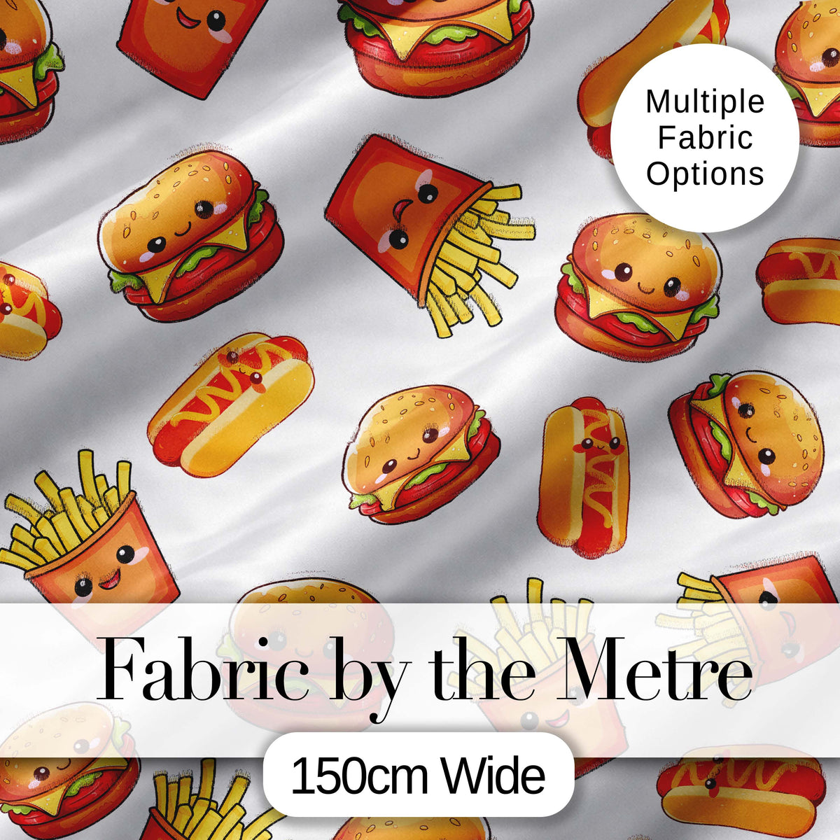 Cute Kawaii Burger Fries Hotdog Fast Food White Background Seamless Pattern Digital Print Fabric by the Metre UK Sewing Quilting Textile