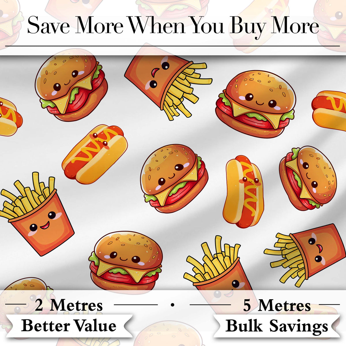 Cute Kawaii Burger Fries Hotdog Fast Food White Background Seamless Pattern Digital Print Fabric by the Metre UK Sewing Quilting Textile