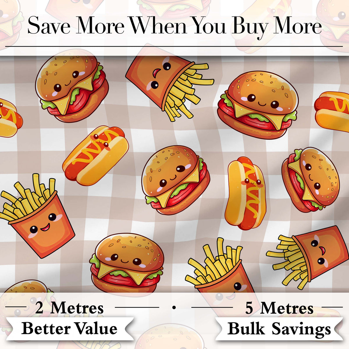 Kawaii Burger Fries Hotdog Fast Food Beige Gingham Seamless Pattern Digital Print Fabric by the Metre UK Sewing Quilting Textile