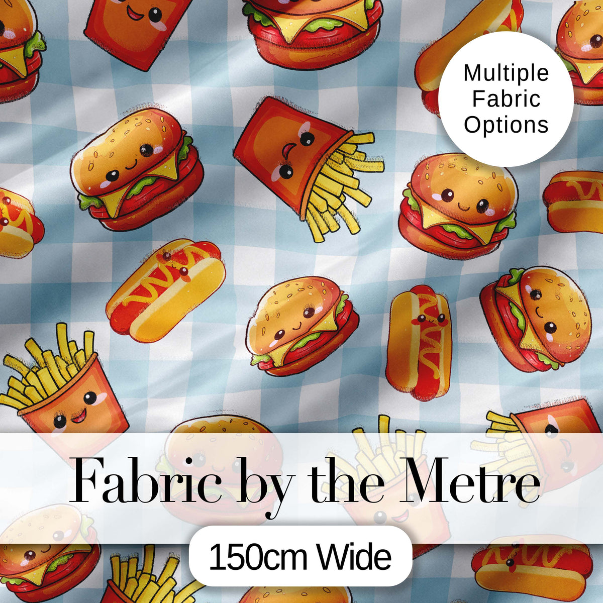 Kawaii Burger Fries Hotdog Fast Food Blue Gingham Seamless Pattern Digital Print Fabric by the Metre UK Sewing Quilting Textile