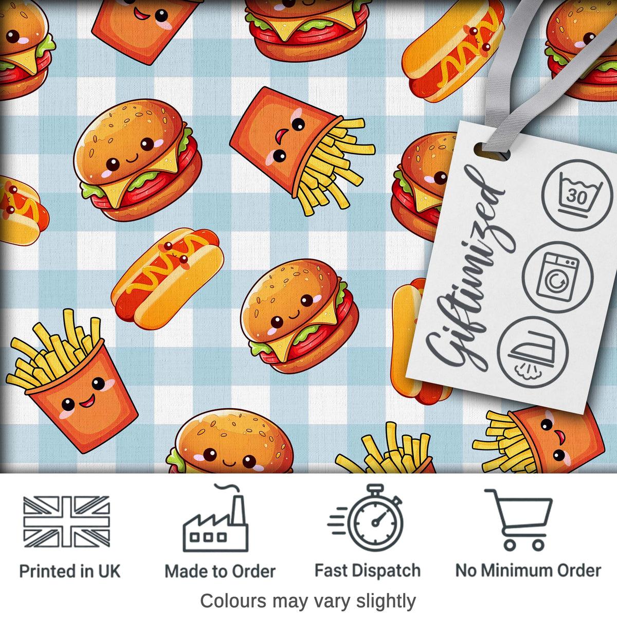 Kawaii Burger Fries Hotdog Fast Food Blue Gingham Seamless Pattern Digital Print Fabric by the Metre UK Sewing Quilting Textile