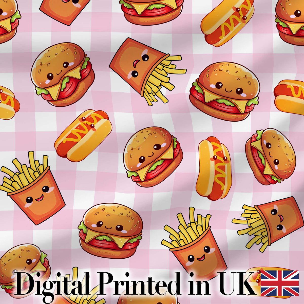 Kawaii Burger Fries Hotdog Fast Food Pink Gingham Seamless Pattern Digital Print Fabric by the Metre UK Sewing Quilting Textile