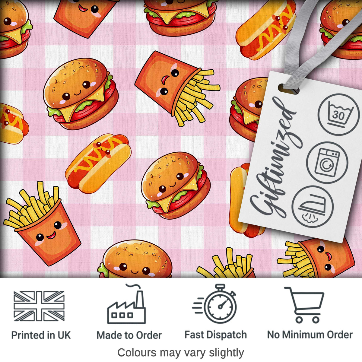 Kawaii Burger Fries Hotdog Fast Food Pink Gingham Seamless Pattern Digital Print Fabric by the Metre UK Sewing Quilting Textile