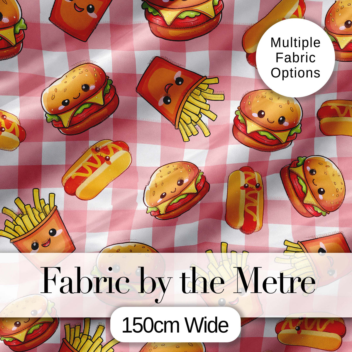 Kawaii Burger Fries Hotdog Fast Food Red Gingham Seamless Pattern Digital Print Fabric by the Metre UK Sewing Quilting Textile