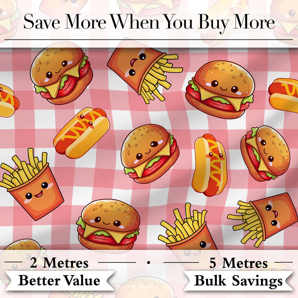 Kawaii Burger Fries Hotdog Fast Food Red Gingham Seamless Pattern Digital Print Fabric by the Metre UK Sewing Quilting Textile