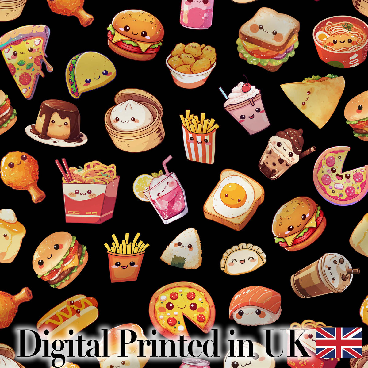 Kawaii Fast Food Burger Sushi Taco Pizza Black Seamless Pattern Digital Print Fabric by the Metre UK Sewing Quilting Textile