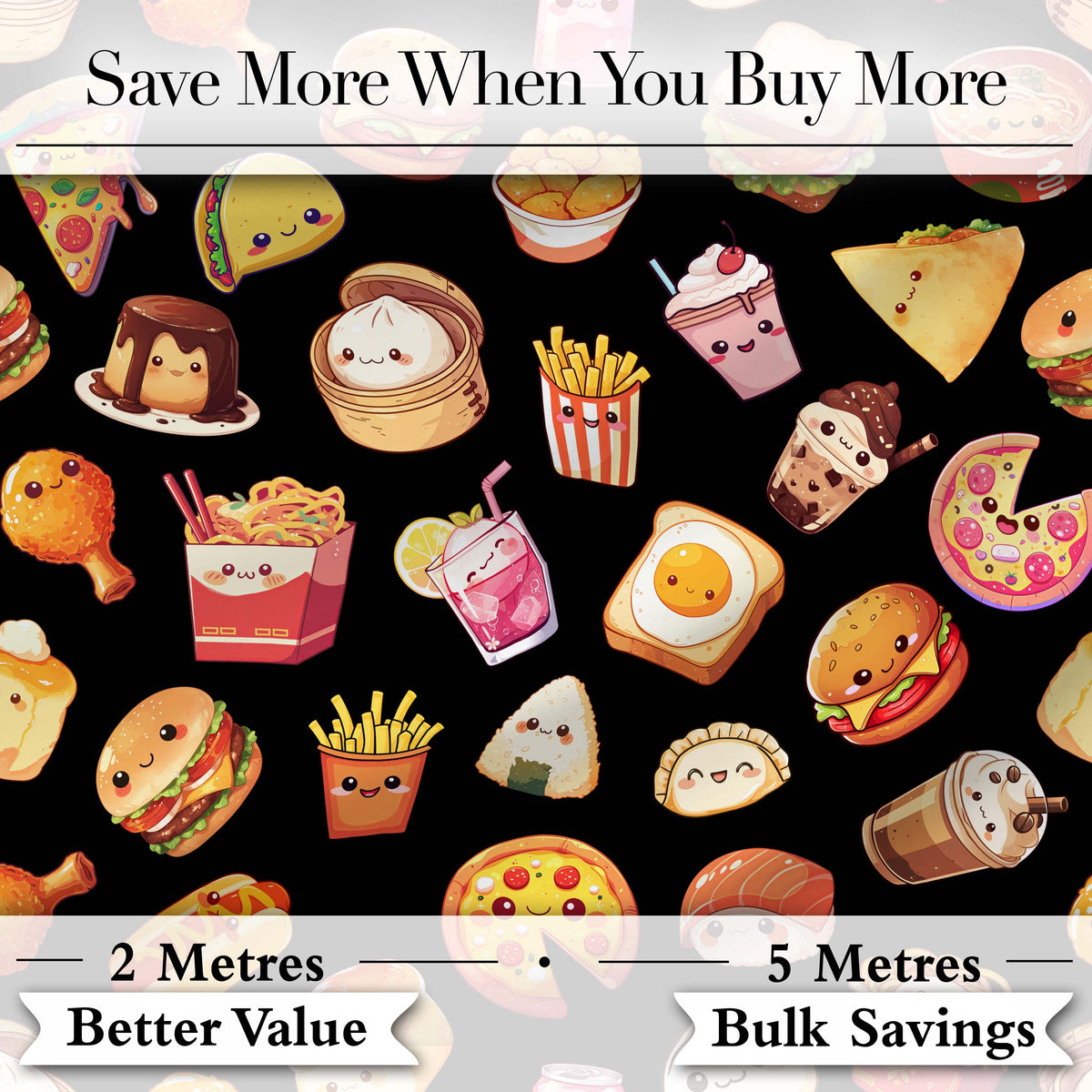 Kawaii Fast Food Burger Sushi Taco Pizza Black Seamless Pattern Digital Print Fabric by the Metre UK Sewing Quilting Textile