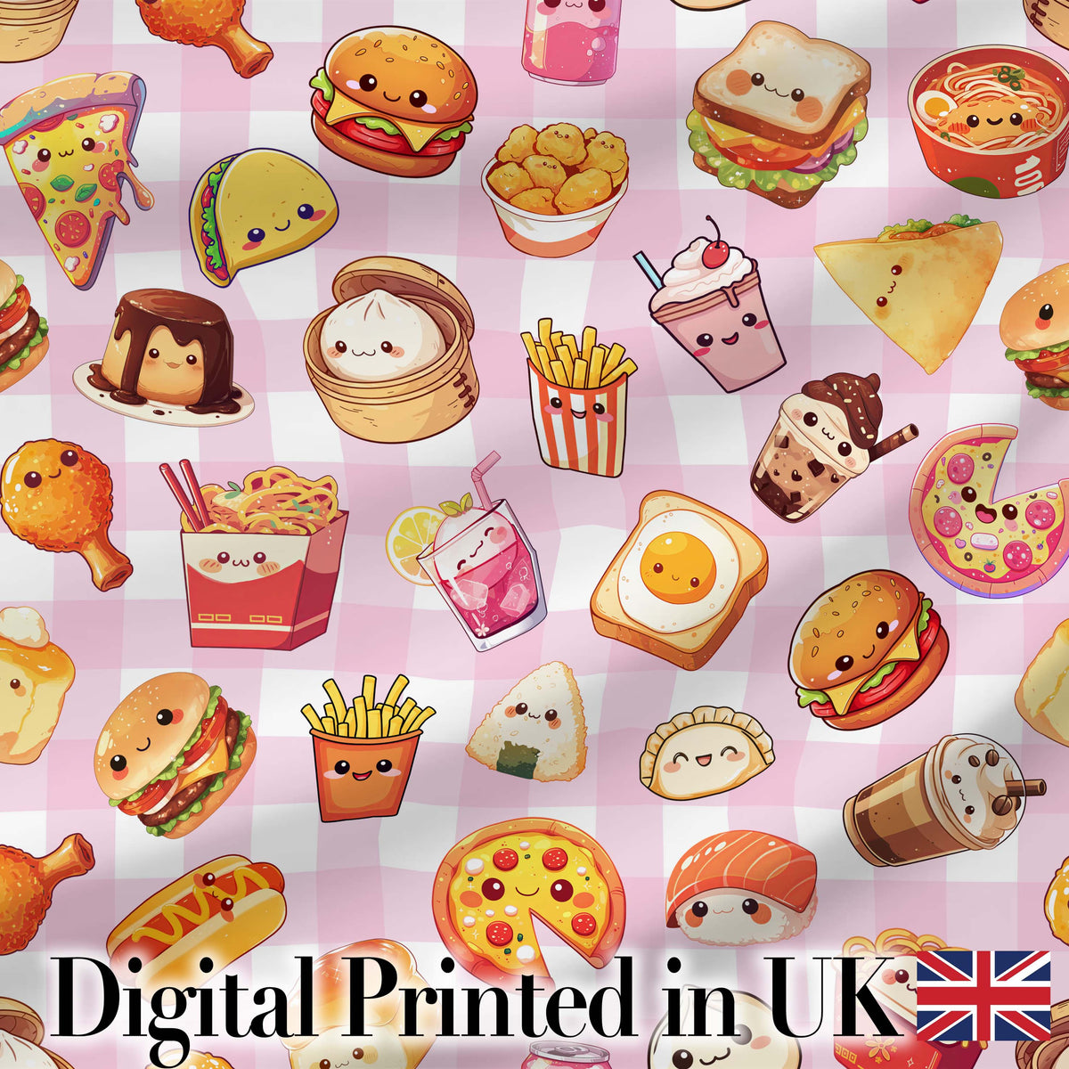 Kawaii Fast Food Burger Sushi Taco Pizza Pink Gingham Seamless Pattern Digital Print Fabric by the Metre UK Sewing Quilting Textile