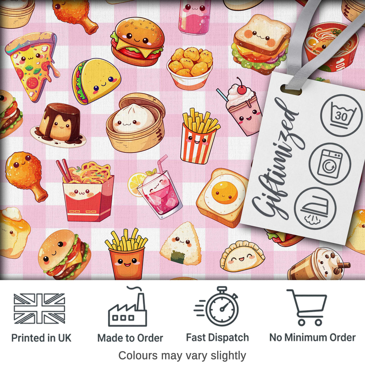 Kawaii Fast Food Burger Sushi Taco Pizza Pink Gingham Seamless Pattern Digital Print Fabric by the Metre UK Sewing Quilting Textile