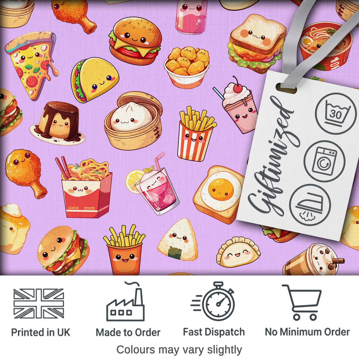 Kawaii Fast Food Burger Sushi Taco Pizza Purple Seamless Pattern Digital Print Fabric by the Metre UK Sewing Quilting Textile